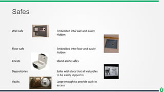 Safes
Wall safe Embedded into wall and easily
hidden
Floor safe Embedded into floor and easily
hidden
Chests Stand-alone safes
Depositories Safes with slots that all valuables
to be easily slipped in
Vaults Large enough to provide walk-in
access
 
