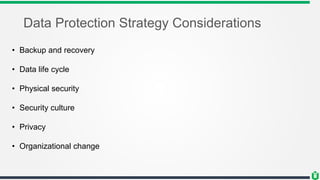 Data Protection Strategy Considerations
• Backup and recovery
• Data life cycle
• Physical security
• Security culture
• Privacy
• Organizational change
 