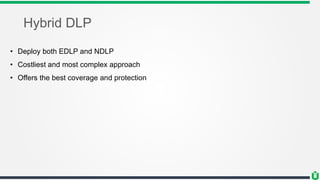 Hybrid DLP
• Deploy both EDLP and NDLP
• Costliest and most complex approach
• Offers the best coverage and protection
 