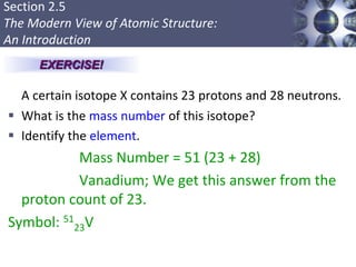 Section 2.5
The Modern View of Atomic Structure:
An Introduction
A certain isotope X contains 23 protons and 28 neutrons.
 What is the mass number of this isotope?
 Identify the element.
Mass Number = 51 (23 + 28)
Vanadium; We get this answer from the
proton count of 23.
Symbol: 51
23V
Copyright © Cengage Learning. All rights reserved 20
EXERCISE!
 