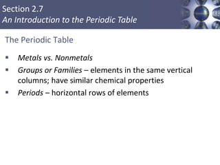 Section 2.7
An Introduction to the Periodic Table
The Periodic Table
 Metals vs. Nonmetals
 Groups or Families – elements in the same vertical
columns; have similar chemical properties
 Periods – horizontal rows of elements
Copyright © Cengage Learning. All rights reserved 27
 