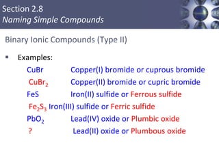 Section 2.8
Naming Simple Compounds
Binary Ionic Compounds (Type II)
 Examples:
CuBr Copper(I) bromide or cuprous bromide
CuBr2 Copper(II) bromide or cupric bromide
FeS Iron(II) sulfide or Ferrous sulfide
Fe2S3 Iron(III) sulfide or Ferric sulfide
PbO2 Lead(IV) oxide or Plumbic oxide
? Lead(II) oxide or Plumbous oxide
Copyright © Cengage Learning. All rights reserved 42
 