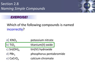 Section 2.8
Naming Simple Compounds
Which of the following compounds is named
incorrectly?
a) KNO3 potassium nitrate
b) TiO2 titanium(II) oxide
c) Sn(OH)4 tin(IV) hydroxide
d) PBr5 phosphorus pentabromide
e) CaCrO4 calcium chromate
Copyright © Cengage Learning. All rights reserved 61
EXERCISE!
 