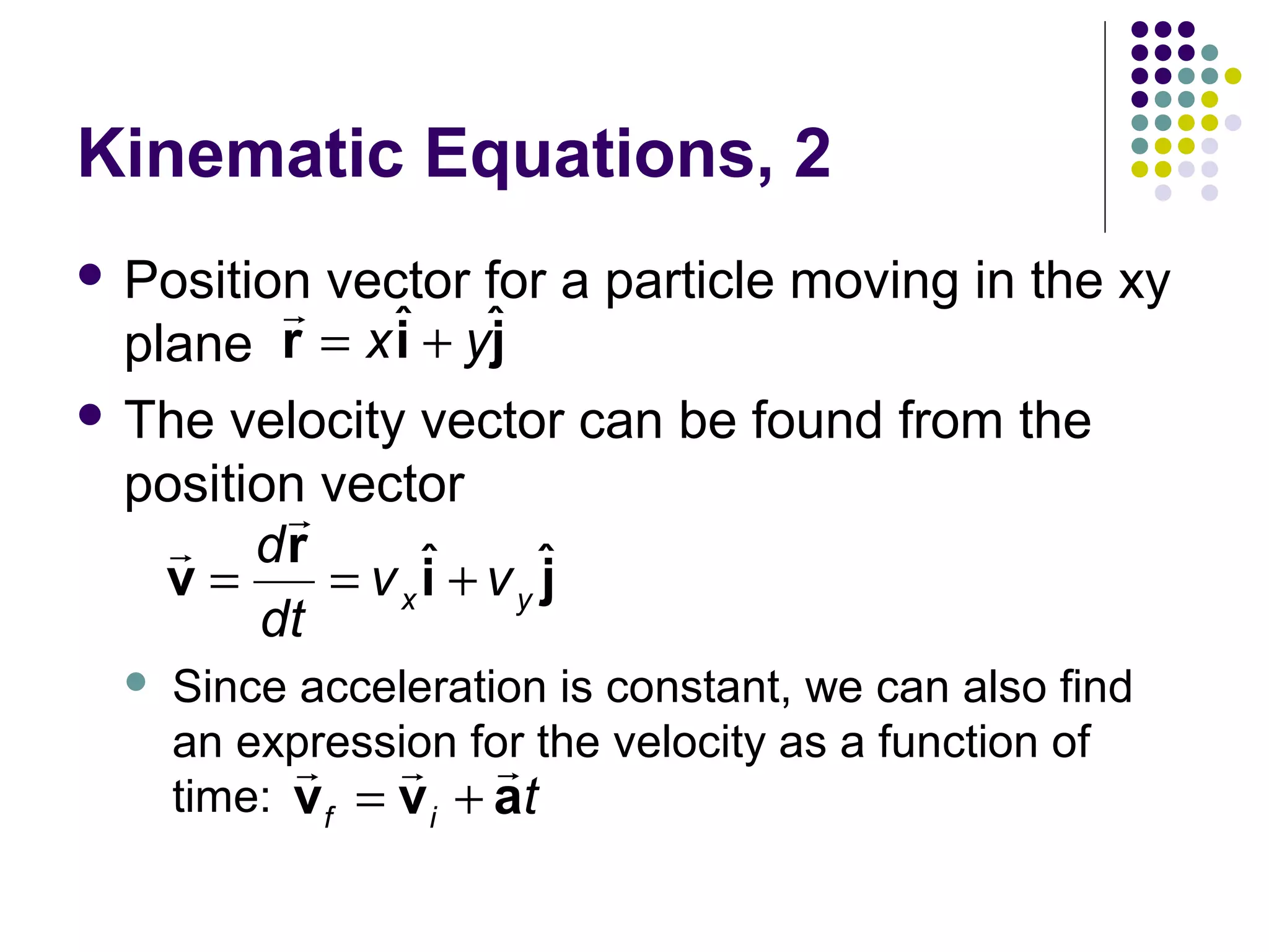 Kinematic Equations, 2
 Position

r vector for a particle moving in the xy
i
j
plane r = x ˆ + yˆ
 The velocity vector can be found from the
position vector
r
r dr
v=
= vxˆ + vy ˆ
i
j
dt


Since acceleration is constant, we can also find
an expression for the velocity as a function of
r
r r
time: v f = v i + at

 
