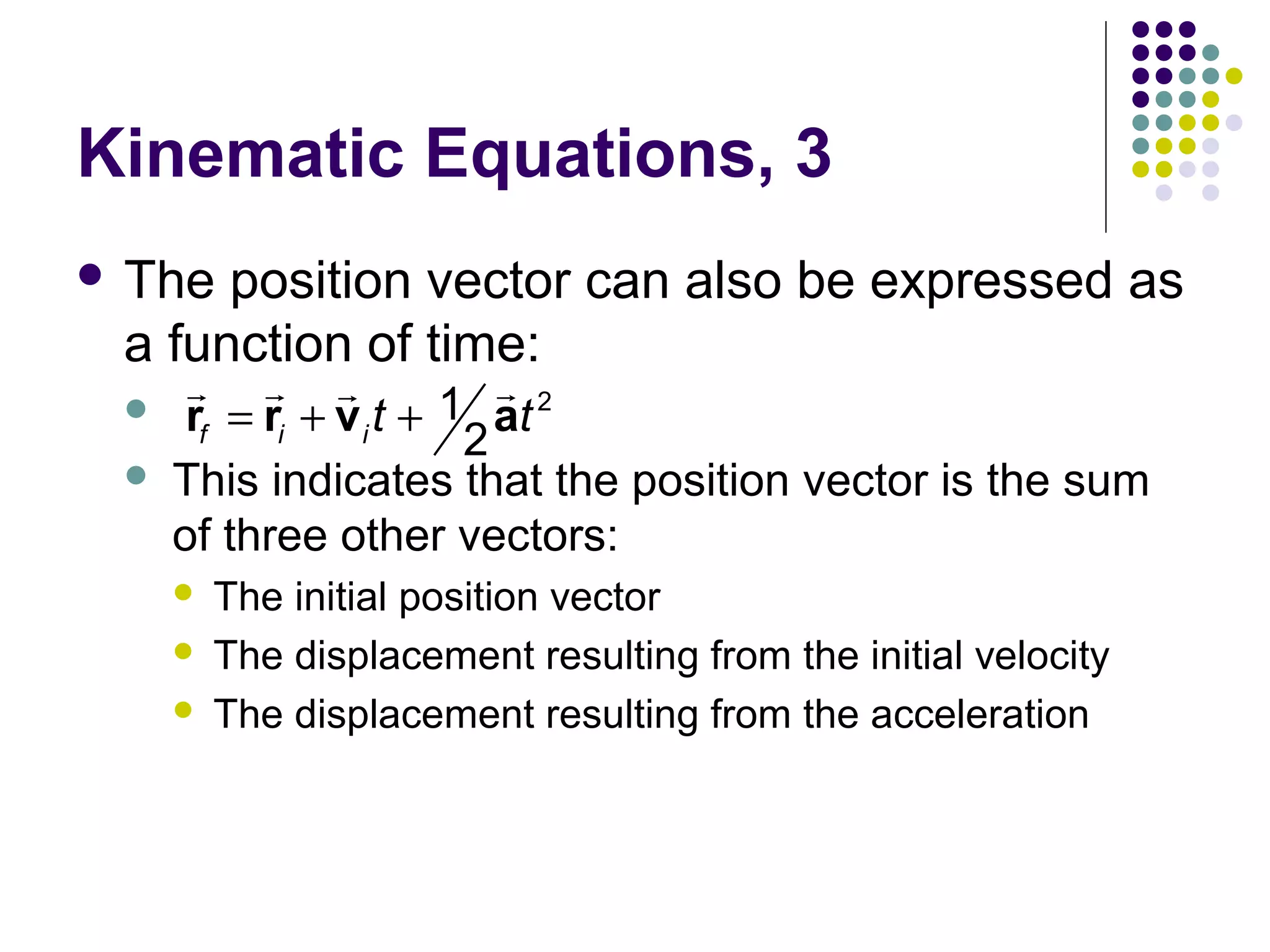 Kinematic Equations, 3
 The

position vector can also be expressed as
a function of time:



r r r
r
1 at 2
rf = ri + v i t +
2
This indicates that the position vector is the sum
of three other vectors:




The initial position vector
The displacement resulting from the initial velocity
The displacement resulting from the acceleration

 