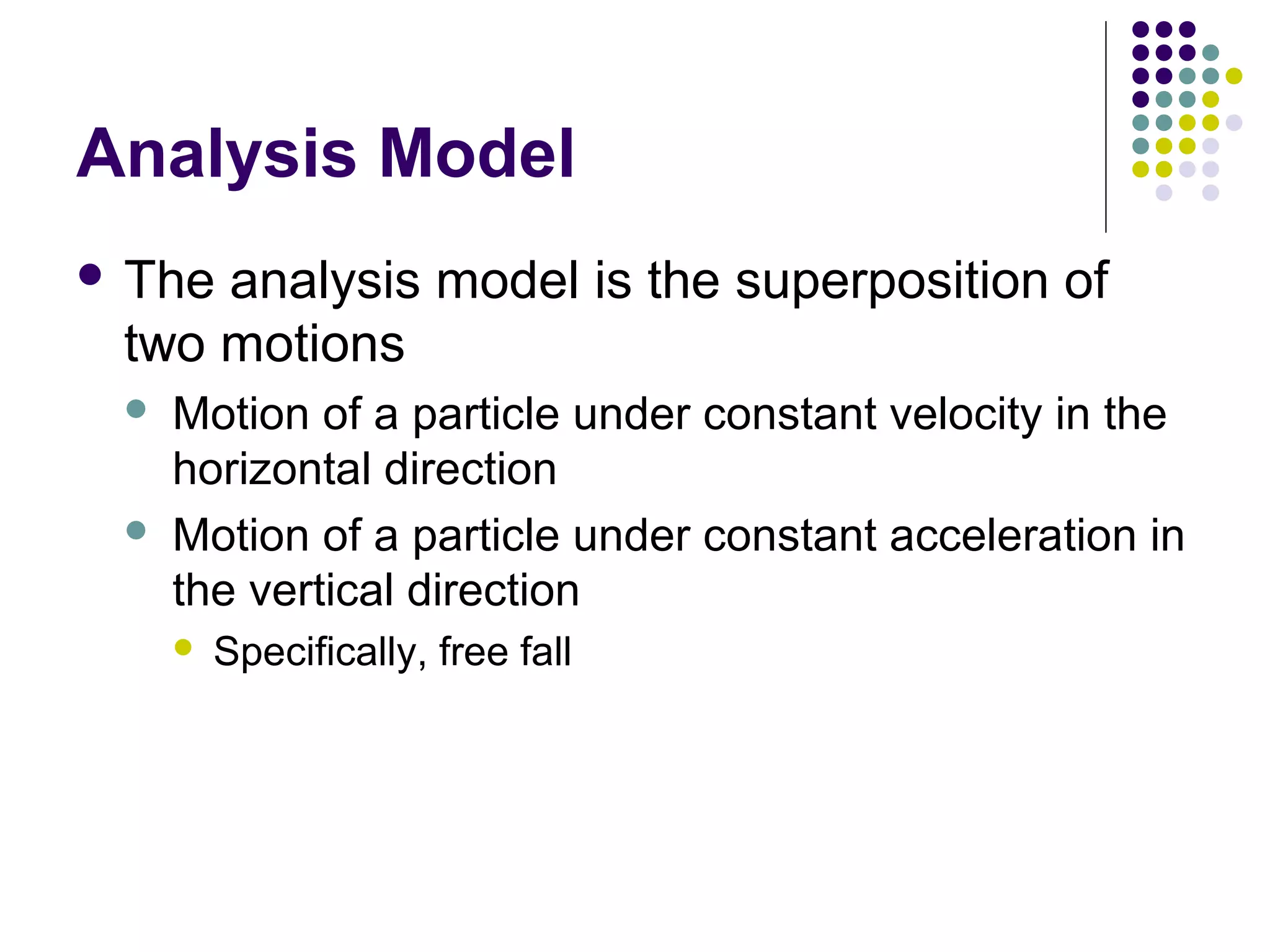 Analysis Model
 The

analysis model is the superposition of
two motions




Motion of a particle under constant velocity in the
horizontal direction
Motion of a particle under constant acceleration in
the vertical direction


Specifically, free fall

 