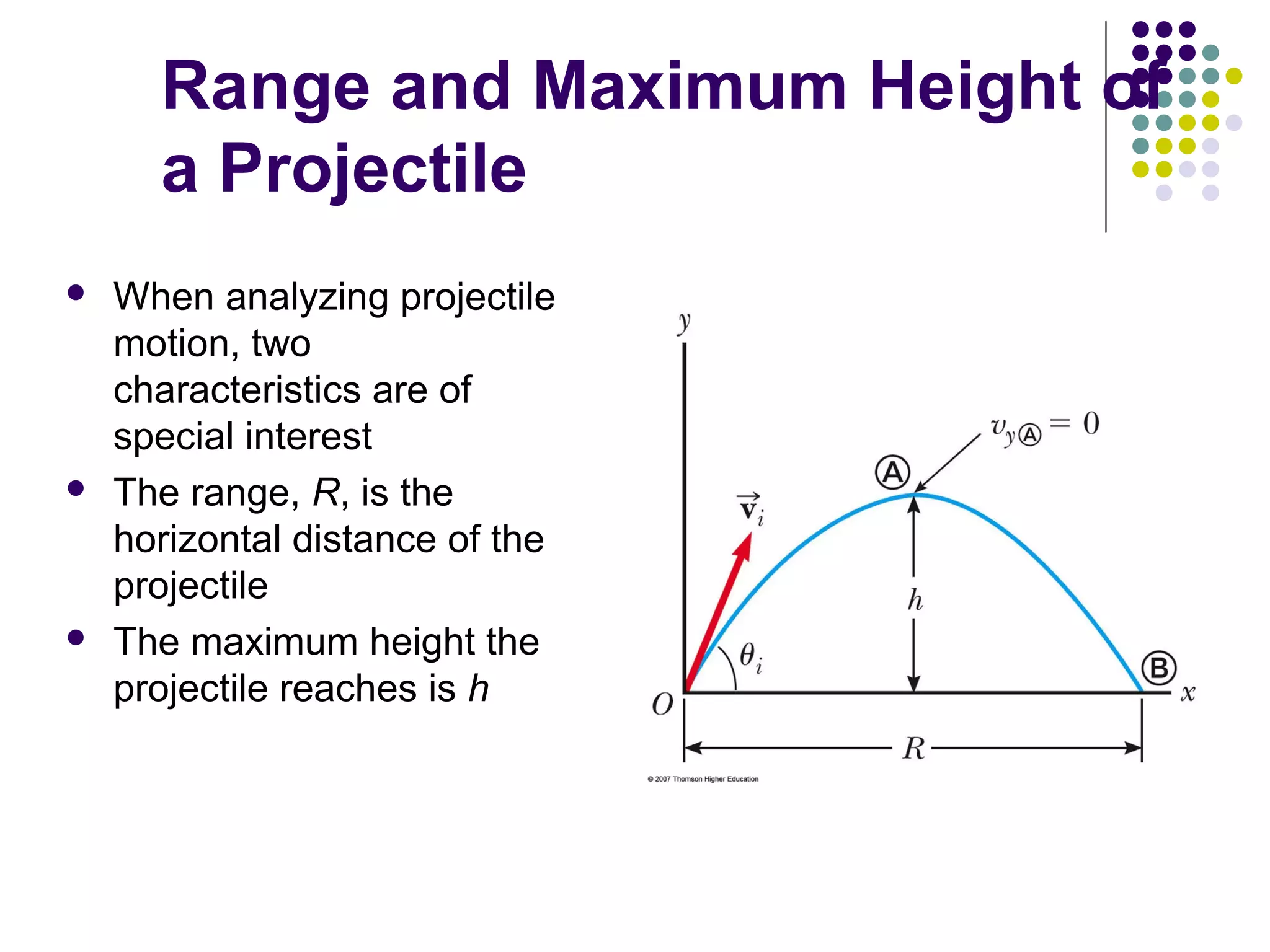 Range and Maximum Height of
a Projectile






When analyzing projectile
motion, two
characteristics are of
special interest
The range, R, is the
horizontal distance of the
projectile
The maximum height the
projectile reaches is h

 