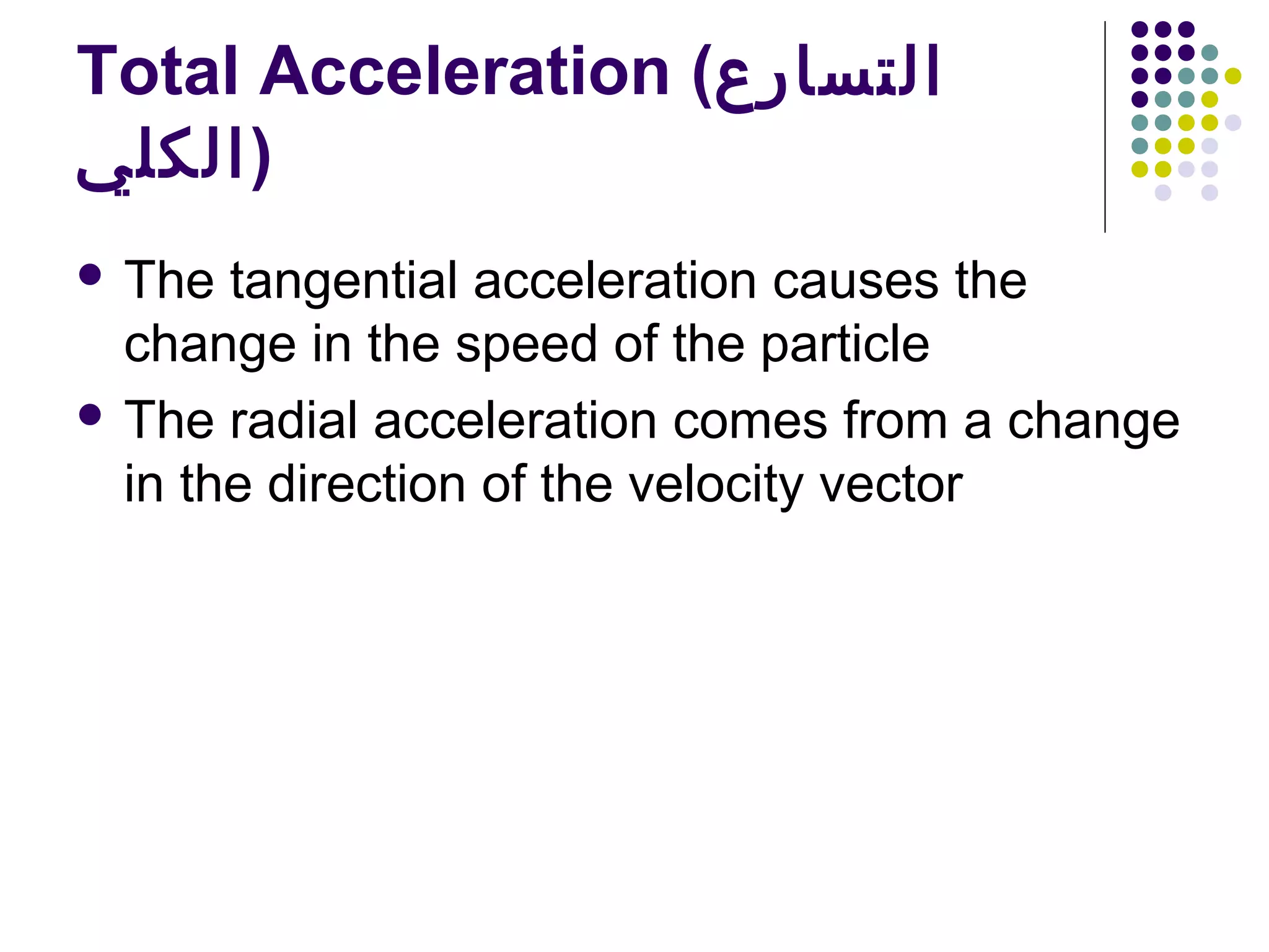 Total Acceleration (‫التسارع‬
‫)الكلي‬
 The

tangential acceleration causes the
change in the speed of the particle
 The radial acceleration comes from a change
in the direction of the velocity vector

 