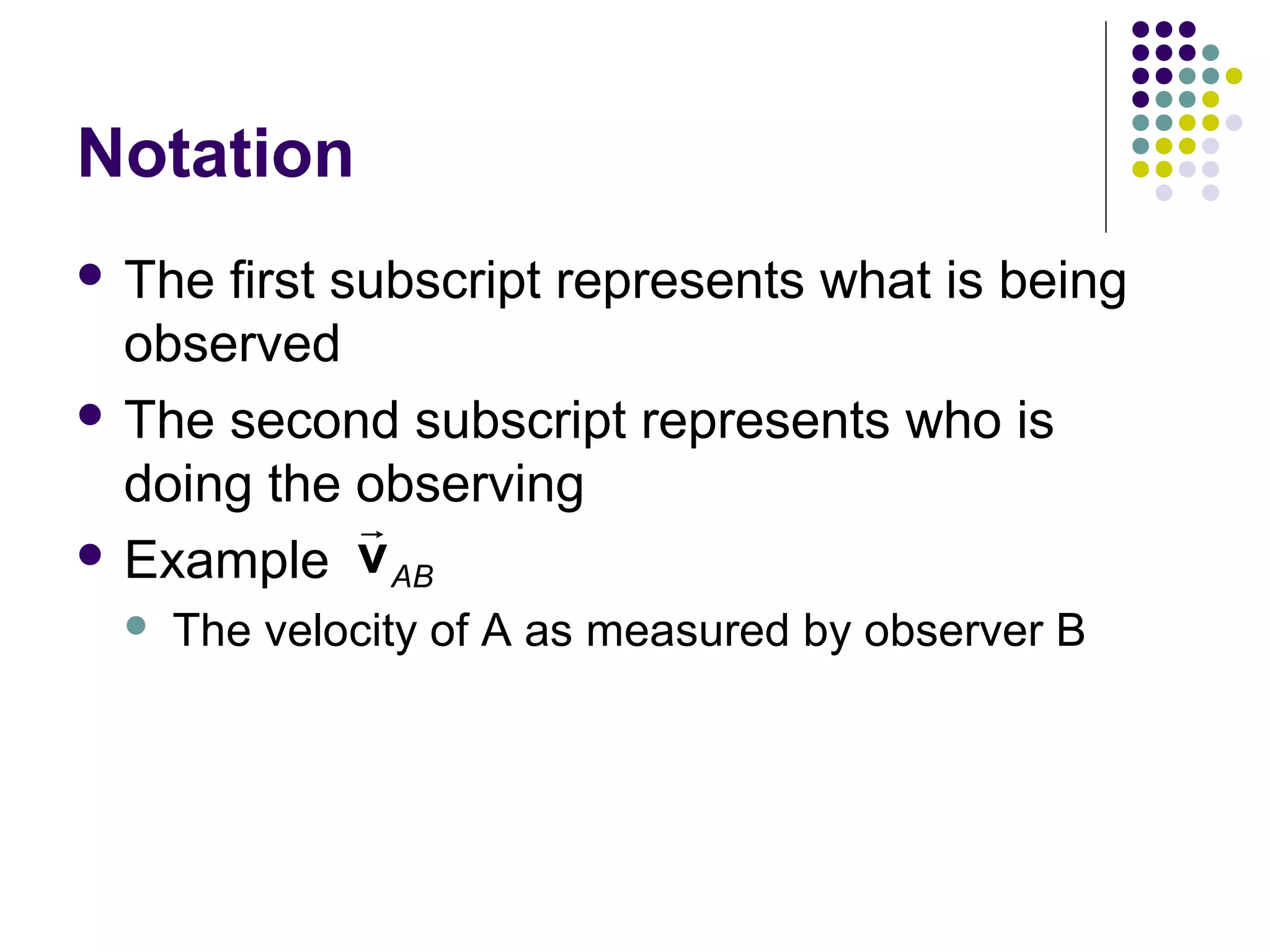 Notation
 The

first subscript represents what is being
observed
 The second subscript represents who is
doing the observing
r
 Example v
AB


The velocity of A as measured by observer B

 