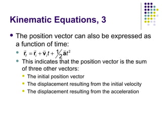 Kinematic Equations, 3
 The

position vector can also be expressed as
a function of time:



r r r
r
1 at 2
rf = ri + v i t +
2
This indicates that the position vector is the sum
of three other vectors:




The initial position vector
The displacement resulting from the initial velocity
The displacement resulting from the acceleration

 