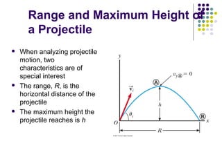 Range and Maximum Height of
a Projectile






When analyzing projectile
motion, two
characteristics are of
special interest
The range, R, is the
horizontal distance of the
projectile
The maximum height the
projectile reaches is h

 