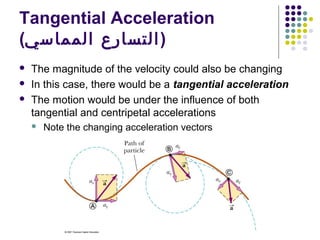 Tangential Acceleration
(‫) التسارع المماسي‬




The magnitude of the velocity could also be changing
In this case, there would be a tangential acceleration
The motion would be under the influence of both
tangential and centripetal accelerations


Note the changing acceleration vectors

 