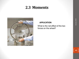 2.3 Moments
APPLICATION
What is the net effect of the two
forces on the wheel?
January2015
40
 