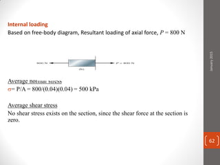 Internal loading
Based on free-body diagram, Resultant loading of axial force, P = 800 N
Average normal stress
= P/A = 800/(0.04)(0.04) = 500 kPa
Average shear stress
No shear stress exists on the section, since the shear force at the section is
zero.
January2015
62
 