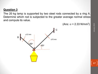 Question 3
The 20 kg lamp is supported by two steel rods connected by a ring A.
Determine which rod is subjected to the greater average normal stress
and compute its value.
(Ans:  = 2.33 N/mm2)
B
A
C
60o
45o
12 mm
10 mm
January2015
67
 