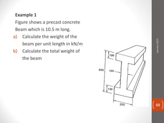 Example 1
Figure shows a precast concrete
Beam which is 10.5 m long.
a) Calculate the weight of the
beam per unit length in kN/m
b) Calculate the total weight of
the beam
January2015
88
 