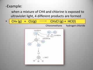 -Example:

•

when a mixture of CH4 and chlorine is exposed to
ultraviolet light, 4 different products are formed
CH4 (g) + Cl2(g)
CH3Cl (g) + HCl(l)
Chloromethane

hydrogen chloride

 