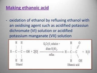 Making ethanoic acid
- oxidation of ethanol by refluxing ethanol with
an oxidising agent such as acidified potassiun
dichromate (VI) solution or acidified
potassium manganate (VII) solution

 