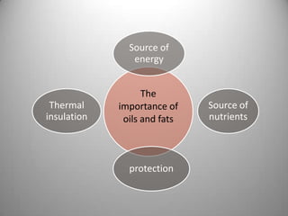 Source of
energy

Thermal
insulation

The
importance of
oils and fats

protection

Source of
nutrients

 