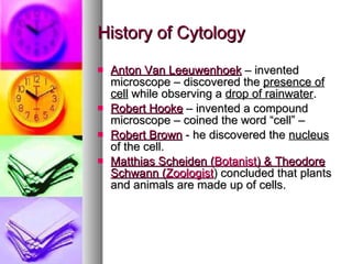 History of Cytology Anton Van Leeuwenhoek  – invented microscope – discovered the  presence of cell  while observing a  drop of rainwater .  Robert Hooke  – invented a compound microscope – coined the word “cell” –  Robert Brown  - he discovered the  nucleus  of the cell. Matthias Scheiden ( Botanist ) & Theodore Schwann ( Zoologist ) concluded that plants and animals are made up of cells. 