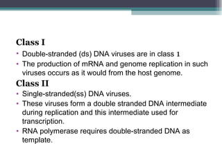 Class I
• Double-stranded (ds) DNA viruses are in class 1
• The production of mRNA and genome replication in such
  viruses occurs as it would from the host genome.
Class II
• Single-stranded(ss) DNA viruses.
• These viruses form a double stranded DNA intermediate
  during replication and this intermediate used for
  transcription.
• RNA polymerase requires double-stranded DNA as
  template.
 