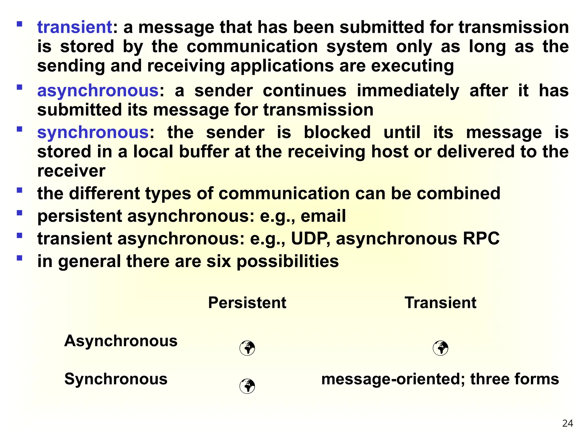  transient: a message that has been submitted for transmission
is stored by the communication system only as long as the
sending and receiving applications are executing
Persistent Transient
Asynchronous  
Synchronous  message-oriented; three forms
 asynchronous: a sender continues immediately after it has
submitted its message for transmission
 synchronous: the sender is blocked until its message is
stored in a local buffer at the receiving host or delivered to the
receiver
 the different types of communication can be combined
 persistent asynchronous: e.g., email
 transient asynchronous: e.g., UDP, asynchronous RPC
 in general there are six possibilities
24
 
