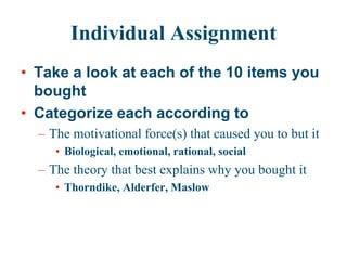 Individual Assignment
• Take a look at each of the 10 items you
bought
• Categorize each according to
– The motivational force(s) that caused you to but it
• Biological, emotional, rational, social
– The theory that best explains why you bought it
• Thorndike, Alderfer, Maslow
 