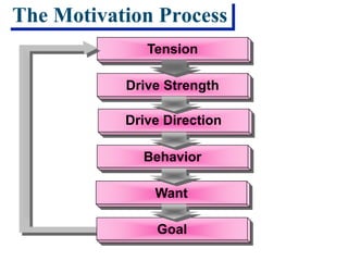 The Motivation Process
Tension
Drive Strength
Drive Direction
Behavior
Want
Goal
 