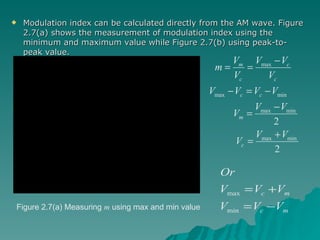 Modulation index can be calculated directly from the AM wave. Figure 2.7(a) shows the measurement of modulation index using the minimum and maximum value while Figure 2.7(b) using peak-to-peak value. Figure 2.7(a) Measuring  m  using max and min value 