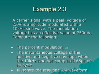 Example 2.3 A carrier signal with a peak voltage of 2.0V is amplitude modulated with a 10kHz sine wave. The modulation voltage has an effective value of 750mV. Compute the following: The percent modulation,  m The instantaneous voltage of the positive and negative envelope when the 10kHz sine has completed 68µs of its cycle. Illustrate the resulting AM waveform 