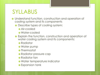 SYLLABUS
 Understand function, construction and operation of
cooling system and its components
 Describe types of cooling system:
 Air-cooled
 Water-cooled
 Explain the function, construction and operation of
water cooling system and its components:
 Radiator
 Water pump
 Thermostat
 Radiator pressure cap
 Radiator fan
 Water temperature indicator
 Expansion tank
 