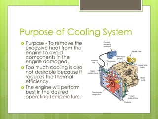 Purpose of Cooling System
 Purpose - To remove the
excessive heat from the
engine to avoid
components in the
engine damaged.
 Too much cooling is also
not desirable because it
reduces the thermal
efficiency.
 The engine will perform
best in the desired
operating temperature.
 