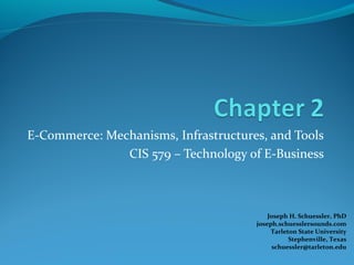 E-Commerce: Mechanisms, Infrastructures, and Tools
CIS 579 – Technology of E-Business
Joseph H. Schuessler, PhD
joseph.schuesslersounds.com
Tarleton State University
Stephenville, Texas
schuessler@tarleton.edu
 