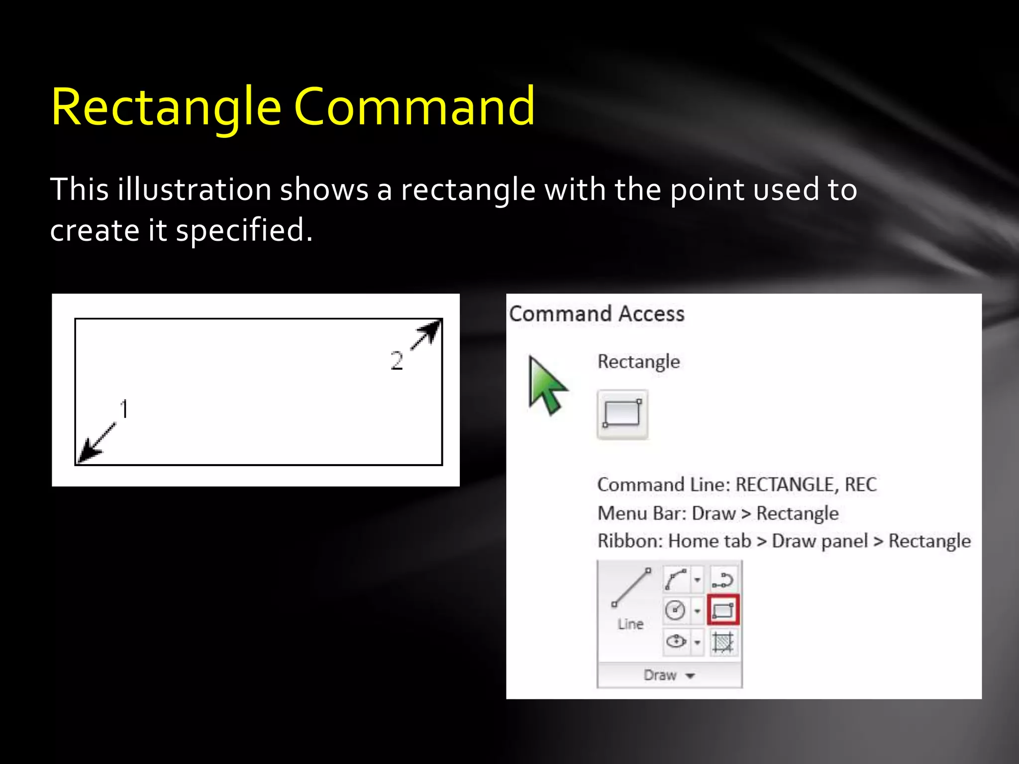 This illustration shows a rectangle with the point used to
create it specified.
Rectangle Command
 