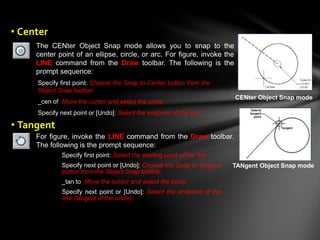 The CENter Object Snap mode allows you to snap to the
center point of an ellipse, circle, or arc. For figure, invoke the
LINE command from the Draw toolbar. The following is the
prompt sequence:
Specify first point: Choose the Snap to Center button from the
Object Snap toolbar.
_cen of Move the cursor and select the circle.
Specify next point or [Undo]: Select the endpoint of the line.
CENter Object Snap mode
For figure, invoke the LINE command from the Draw toolbar.
The following is the prompt sequence:
Specify first point: Select the starting point of the line.
Specify next point or [Undo]: Choose the Snap to Tangent
button from the Object Snap toolbar.
_tan to Move the cursor and select the circle.
Specify next point or [Undo]: Select the endpoint of the
line (tangent of the circle).
TANgent Object Snap mode
• Center
• Tangent
 