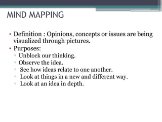 MIND MAPPING
• Definition : Opinions, concepts or issues are being
visualized through pictures.
• Purposes:
▫ Unblock our thinking.
▫ Observe the idea.
▫ See how ideas relate to one another.
▫ Look at things in a new and different way.
▫ Look at an idea in depth.
 