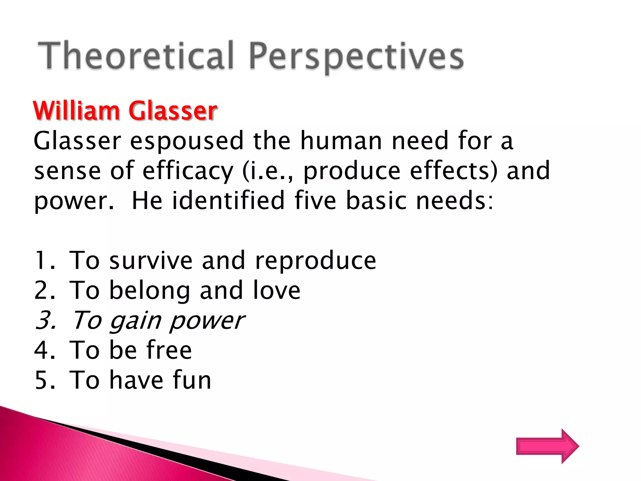  Physiological needsAbraham Maslow Hierarchy of Needs Physiological Needs:  characteristic of the normal human functioning or survival   (examples: water, sleep, food, clothing, shelter)