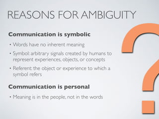 ?
Communication is symbolic
• Words have no inherent meaning
• Symbol: arbitrary signals created by humans to
represent experiences, objects, or concepts
• Referent: the object or experience to which a
symbol refers
Communication is personal
• Meaning is in the people, not in the words
REASONS FOR AMBIGUITY
 