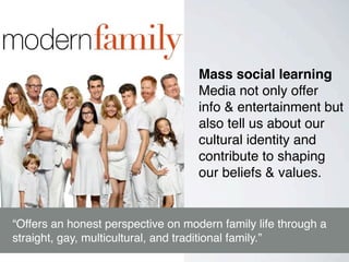 Mass social learning
Media not only offer
info & entertainment but
also tell us about our
cultural identity and
contribute to shaping
our beliefs & values.
“Offers an honest perspective on modern family life through a
straight, gay, multicultural, and traditional family.”
 