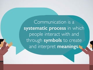 Communication is a
systematic process in which
people interact with and
through symbols to create
and interpret meanings.
 