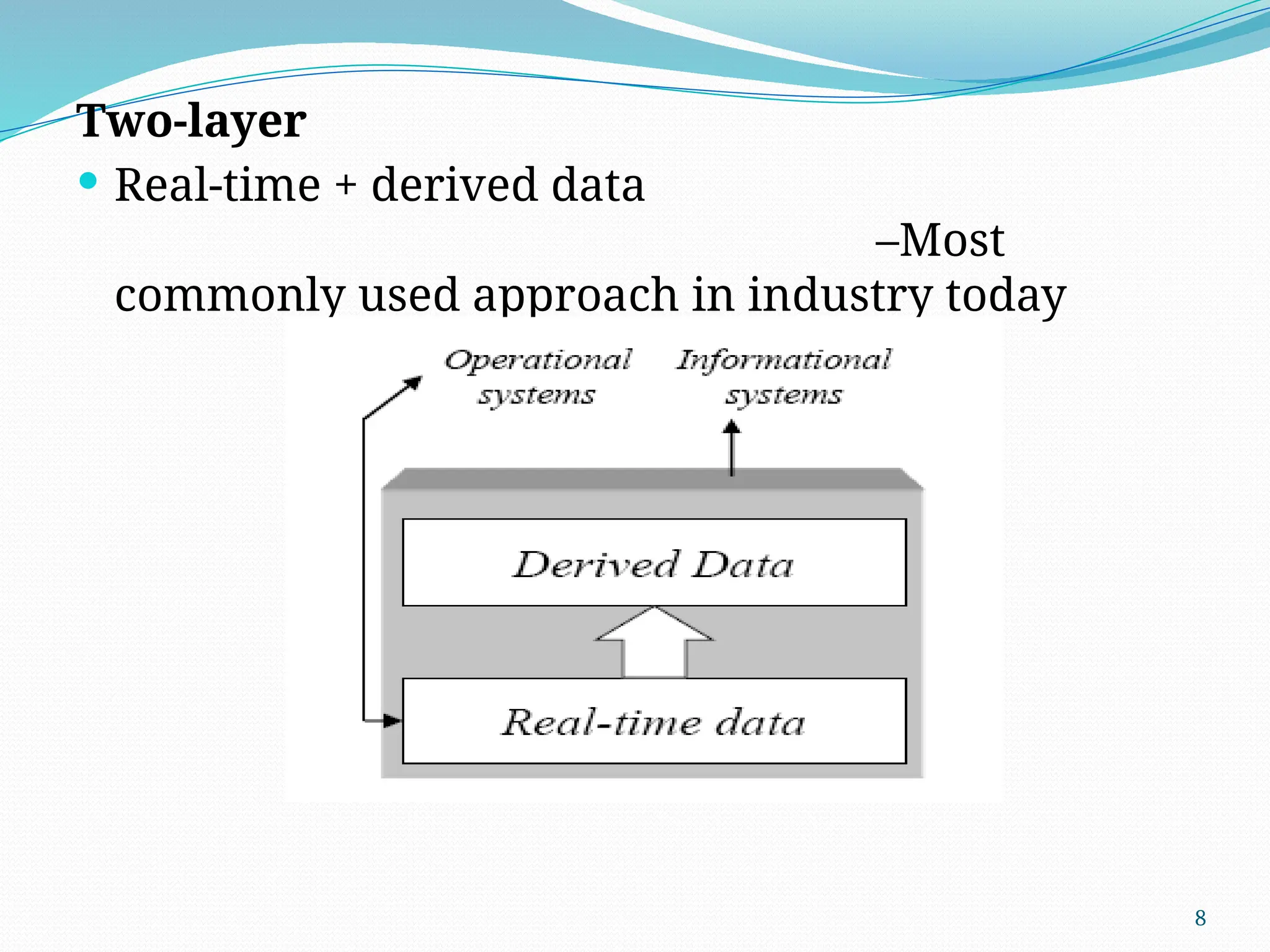 8
Two-layer
 Real-time + derived data
–Most
commonly used approach in industry today
 
