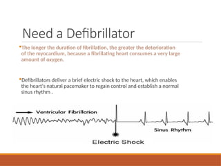 The longer the duration of fibrillation, the greater the deterioration
of the myocardium, because a fibrillating heart consumes a very large
amount of oxygen.
Defibrillators deliver a brief electric shock to the heart, which enables
the heart's natural pacemaker to regain control and establish a normal
sinus rhythm .
Need a Defibrillator
 