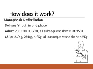 How does it work?
Monophasic Defibrillation
Delivers ‘shock’ in one phase
Adult: 200J, 300J, 360J, all subsequent shocks at 360J
Child: 2J/Kg, 2J/Kg, 4J/Kg, all subsequent shocks at 4J/Kg
 