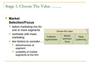 Stage 1: Choose The Value …….
 Market
Selection/Focus
 tailors marketing mix for
one or more segments
 contrasts with mass
marketing
 two factors to consider….
 attractiveness of
segment
 suitability of market
segments to the firm
 