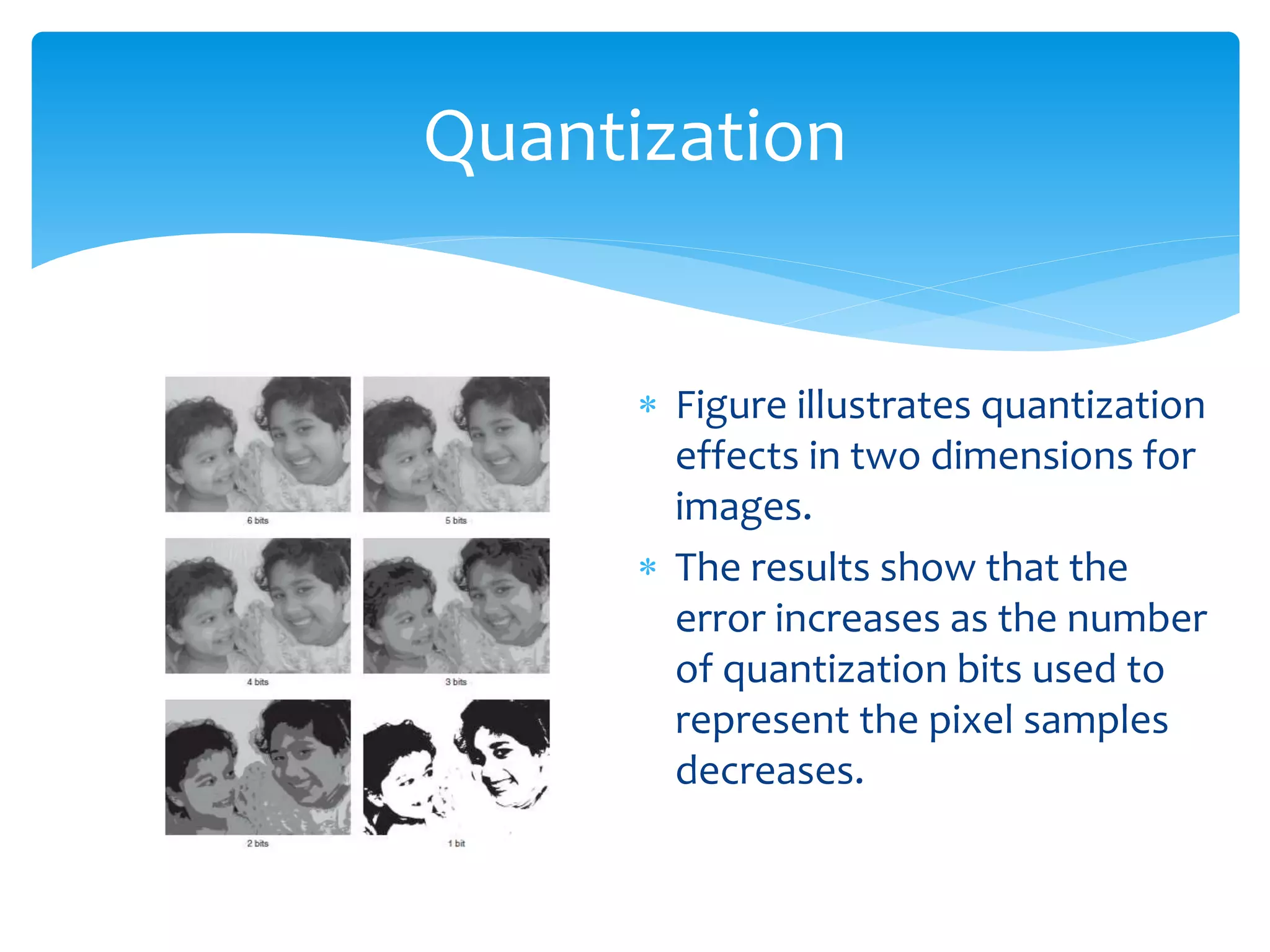 Quantization
 Figure illustrates quantization
effects in two dimensions for
images.
 The results show that the
error increases as the number
of quantization bits used to
represent the pixel samples
decreases.
 
