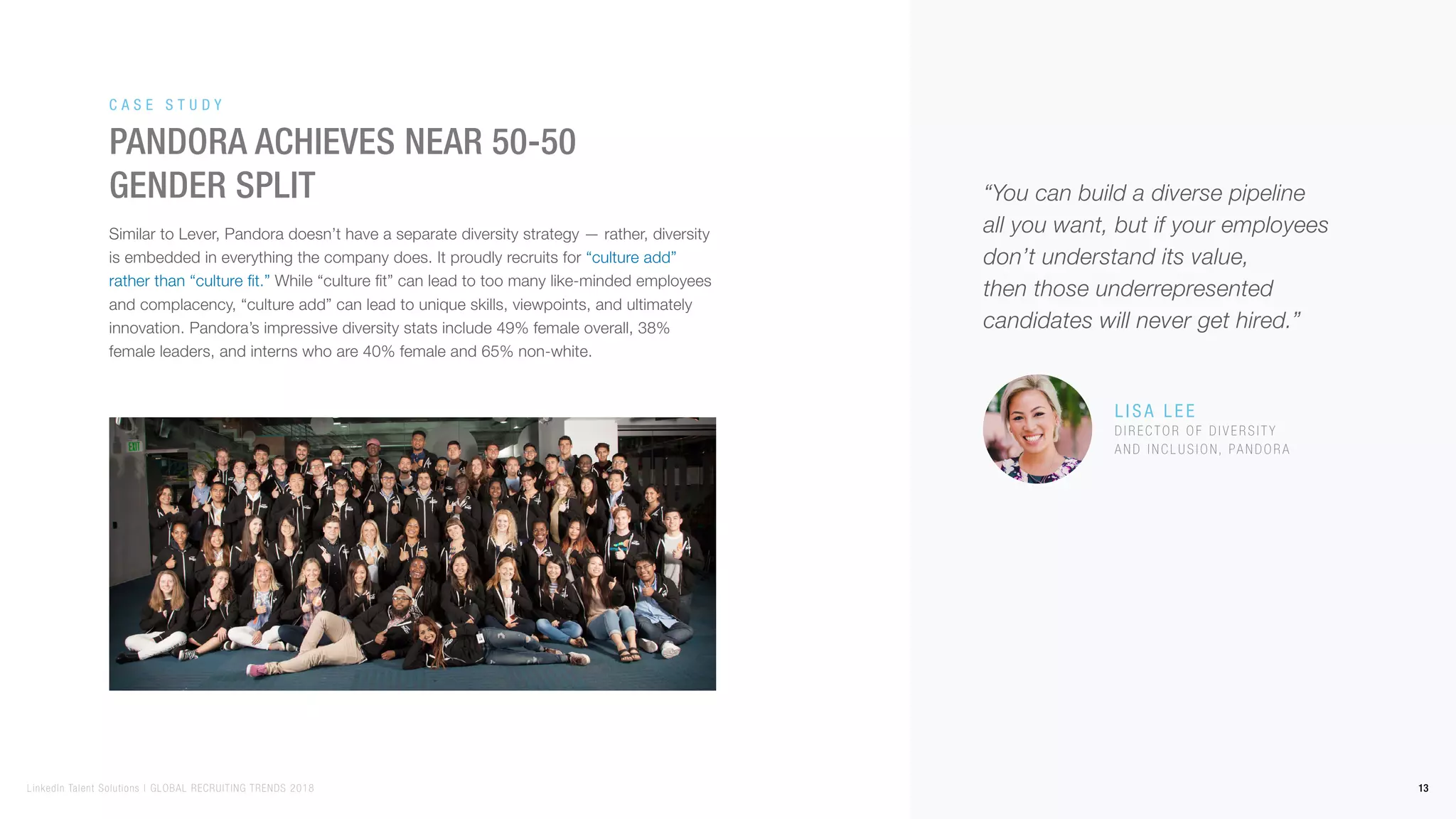 Similar to Lever, Pandora doesn’t have a separate diversity strategy — rather, diversity
is embedded in everything the company does. It proudly recruits for “culture add”
rather than “culture fit.” While “culture fit” can lead to too many like-minded employees
and complacency, “culture add” can lead to unique skills, viewpoints, and ultimately
innovation. Pandora’s impressive diversity stats include 49% female overall, 38%
female leaders, and interns who are 40% female and 65% non-white.
Pandora achieves near 50-50
gender split
Ca s e S t u d y
Li s a L e e
D i r e c t o r o f D i v e r s i t y
a n d I n c l u s i o n, Pa n d o r a
“You can build a diverse pipeline
all you want, but if your employees
don’t understand its value,
then those underrepresented
candidates will never get hired.”
13LinkedIn Talent Solutions | GLOBAL RECRUITING TRENDS 2018
 