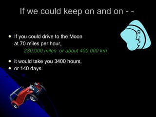 If we could keep on and on - -  If you could drive to the Moon  at 70 miles per hour, 230,000 miles  or about 400,000 km it would take you 3400 hours,  or 140 days. 