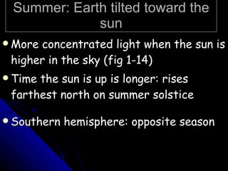 Summer: Earth tilted toward the sun More concentrated light when the sun is higher in the sky (fig 1-14) Time the sun is up is longer: rises farthest north on summer solstice Southern hemisphere: opposite season 