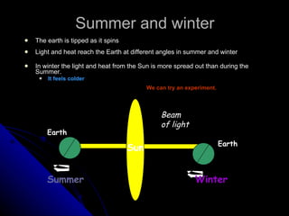 Summer and winter The earth is tipped as it spins Light and heat reach the Earth at different angles in summer and winter In winter the light and heat from the Sun is more spread out than during the Summer. It feels colder   We can try an experiment. Sun Summer Winter Beam of light Earth Earth 