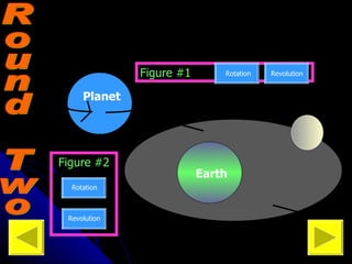 Round Two Identify the motion being shown in each of these pictures. Each team must write their answers for each figure in the form of a question. Earth Figure #1 Rotation Revolution Figure #2 Rotation Revolution Final Round ---> Planet 